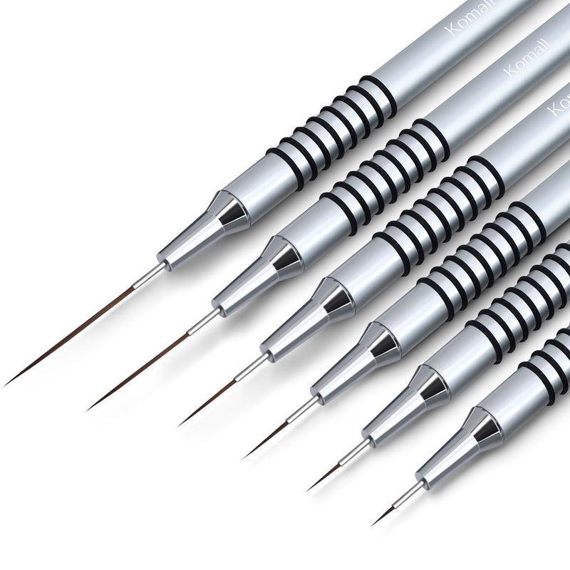 Komall Metallic Nail Art Brushes, 6Pcs Non Slip Liner Brush Set, UV Gel Polish Painting Art Design Pen for Long Lines, Thin Details, Fine Drawing Sizes 5/7/9/11/20/25mm(Silver) - Image 1
